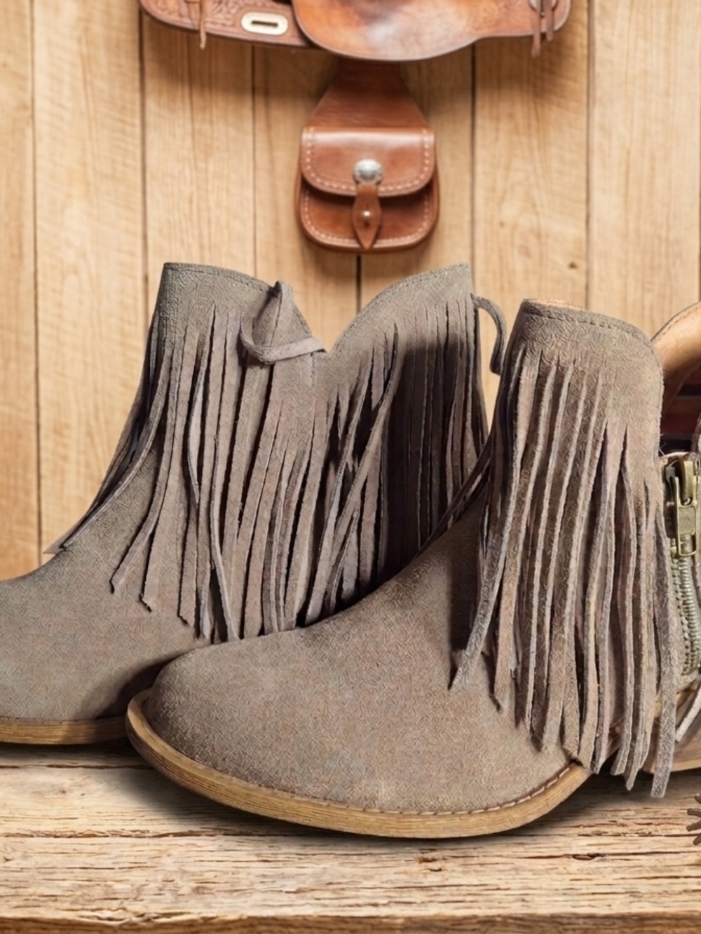 dingo Taupe Fringe Suede Ankle Booties